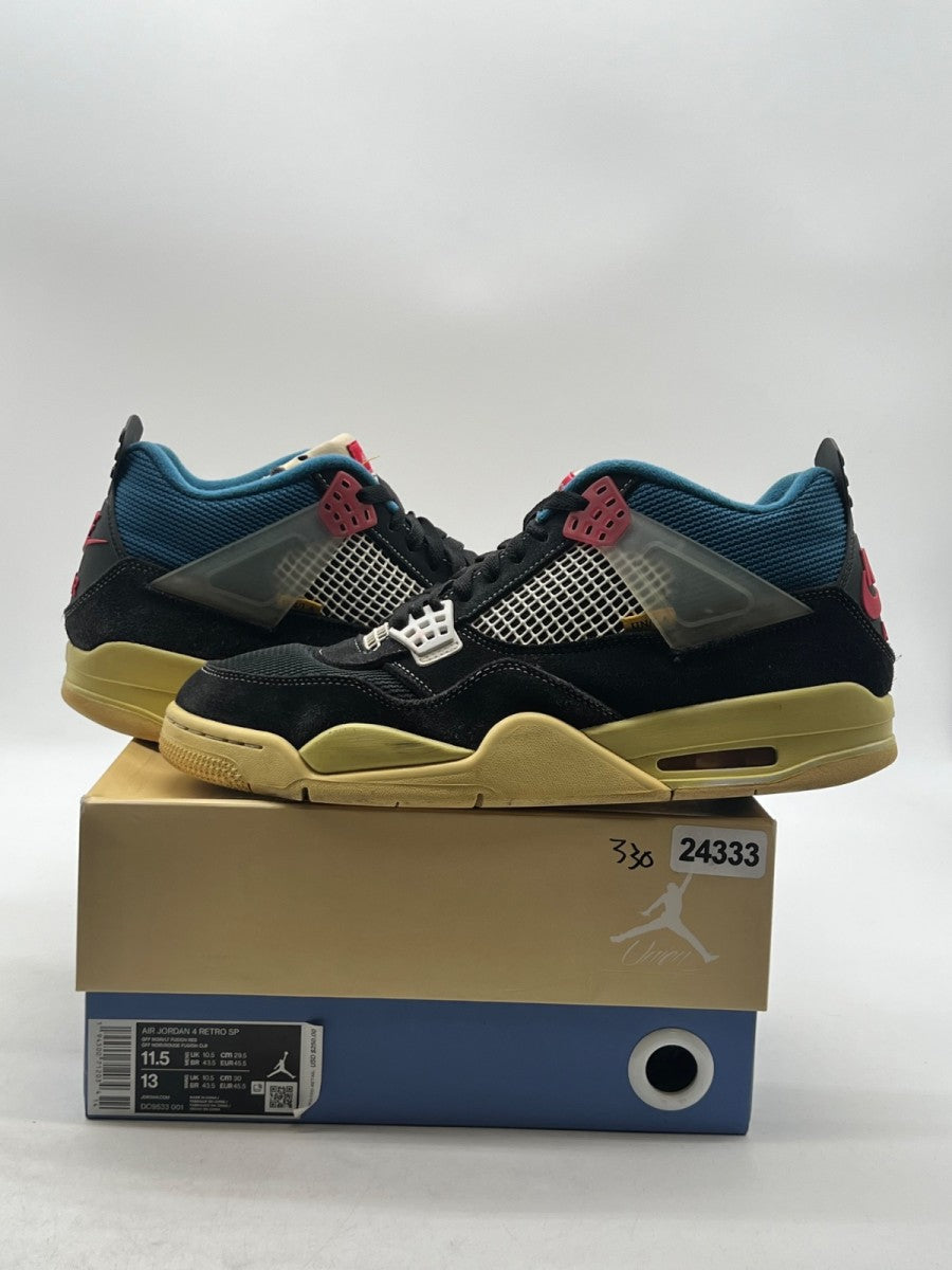 Jordan 4 Retro Union Off Noir 11.5 (Moderately Worn Pre-Owned)JordanOff-Noir/Brigade Blue-Dark Smoke Grey-Light Fusion Red - Image 1