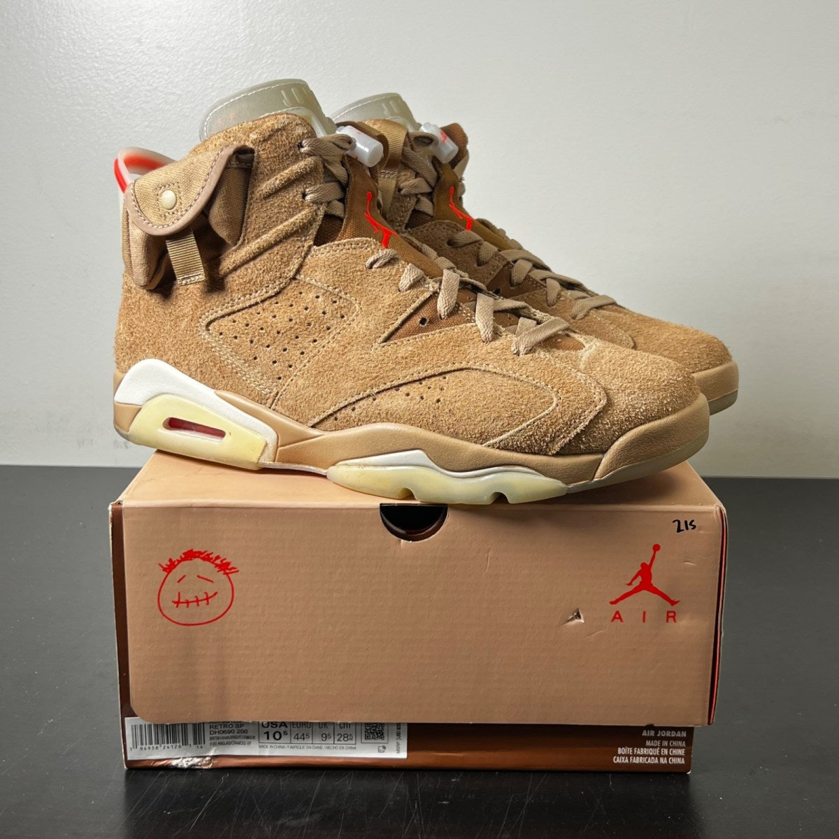 Jordan 6 Retro Travis Scott British Khaki 10.5 (Lightly Worn Pre-Owned)JordanBritish Khaki/Sail-Bright Crimson - Image 1