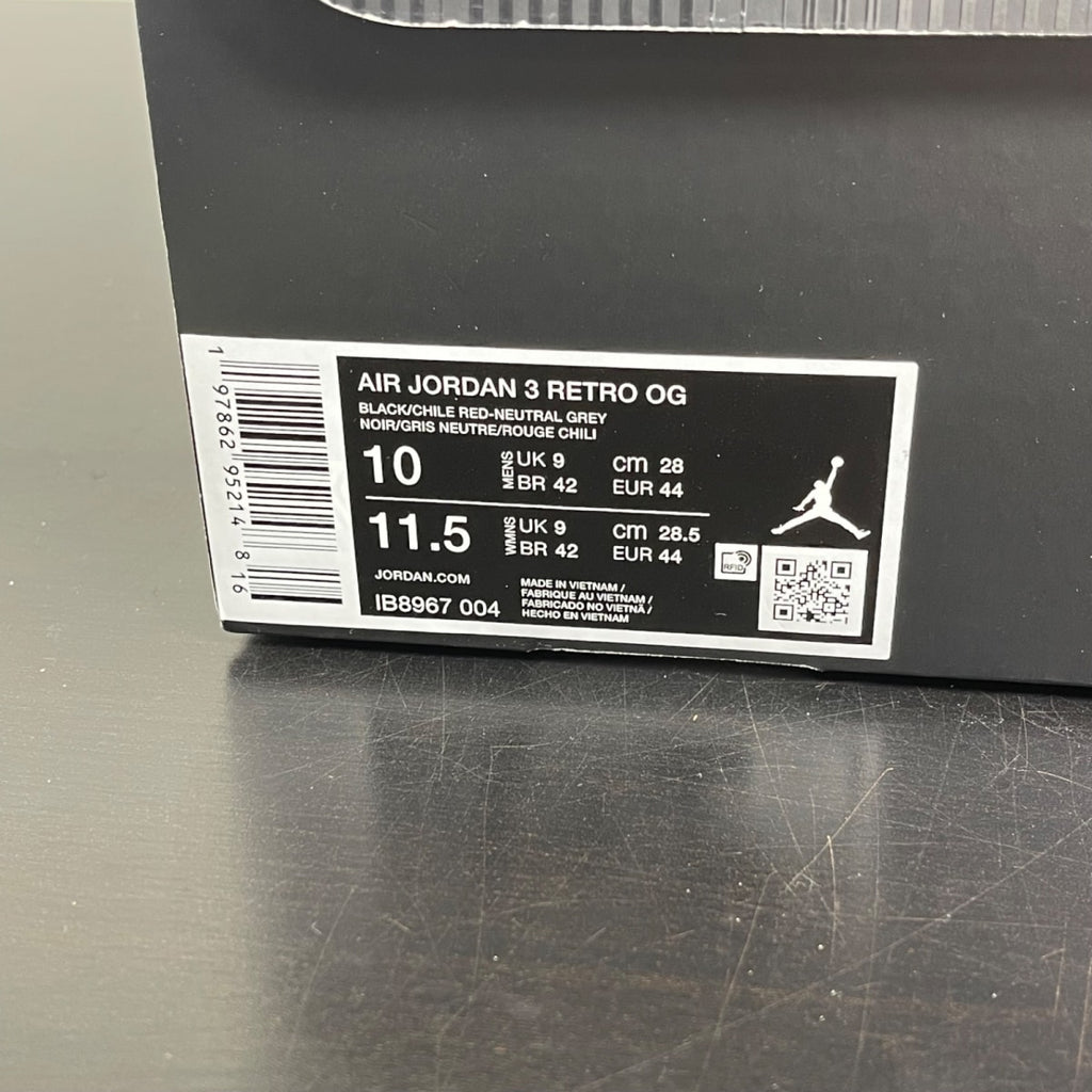 Jordan 3 Retro OG Rare Air 10 (Moderately Worn Pre-Owned)JordanBlack/Chile Red/Neutral Grey/Military Blue/Coconut Milk - Image 7