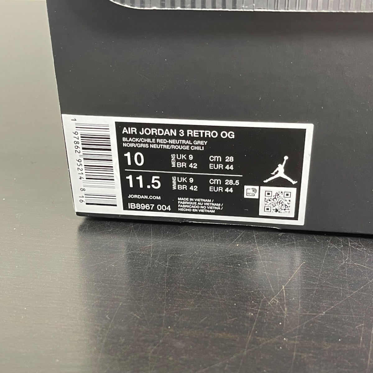 Jordan 3 Retro OG Rare Air 10 (Moderately Worn Pre-Owned)JordanBlack/Chile Red/Neutral Grey/Military Blue/Coconut Milk - Image 7