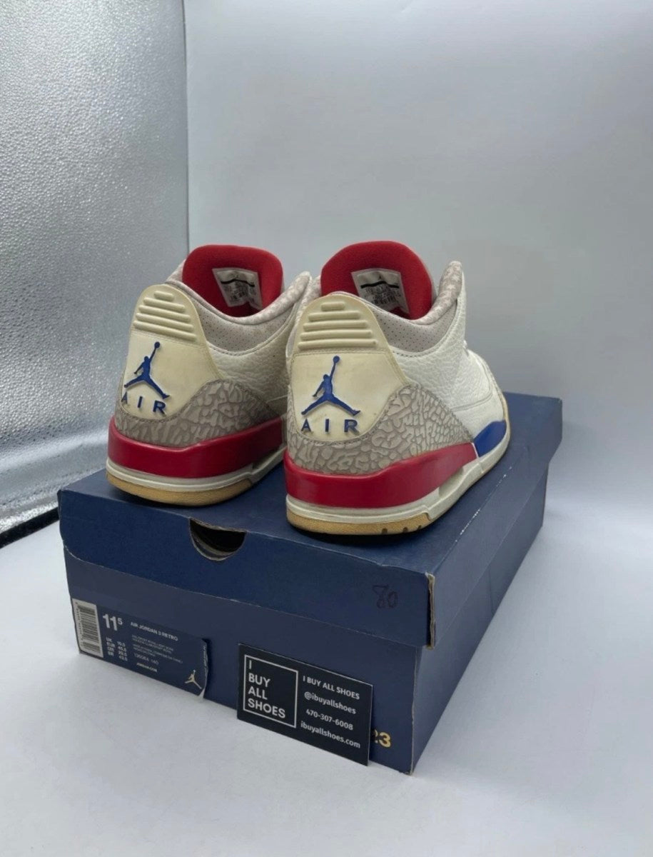 Jordan 3 Retro International Flight 11.5 (Heavily Worn Pre-Owned)JordanSail/Sport Royal-Light Bone-Fire Red - Image 5