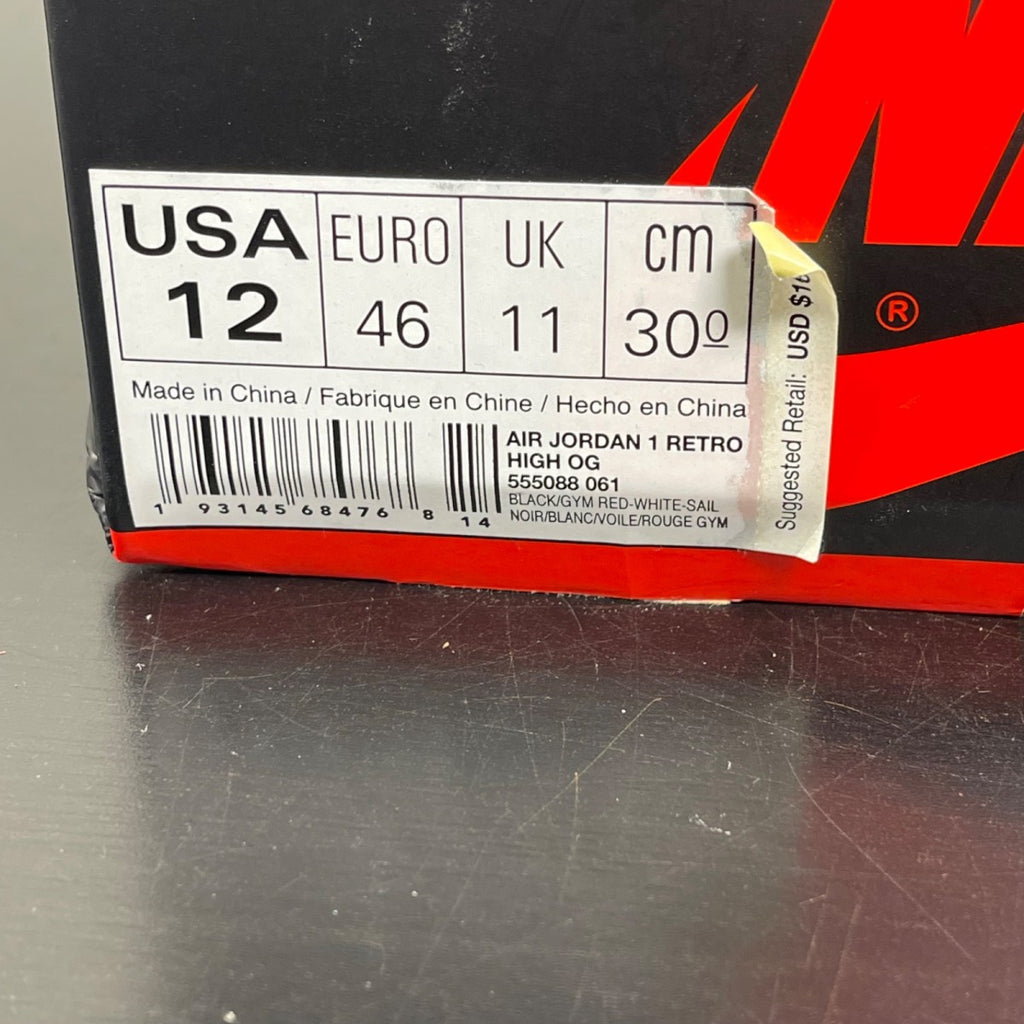 Jordan 1 Retro High Black Gym Red 12 (Moderately Worn Pre-Owned)JordanBlack/Gym Red-White-Sail - Image 7