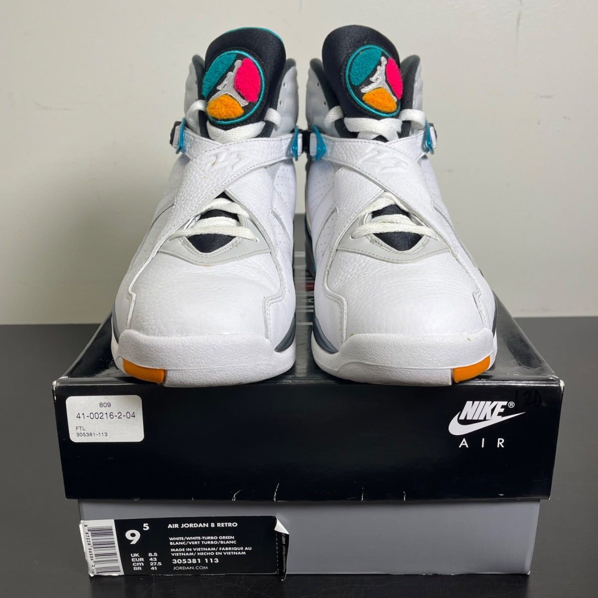 Jordan 8 Retro South Beach 9.5 (Moderately Worn Pre-Owned)JordanWhite/White-Turbo Green-Neutral Grey - Image 2