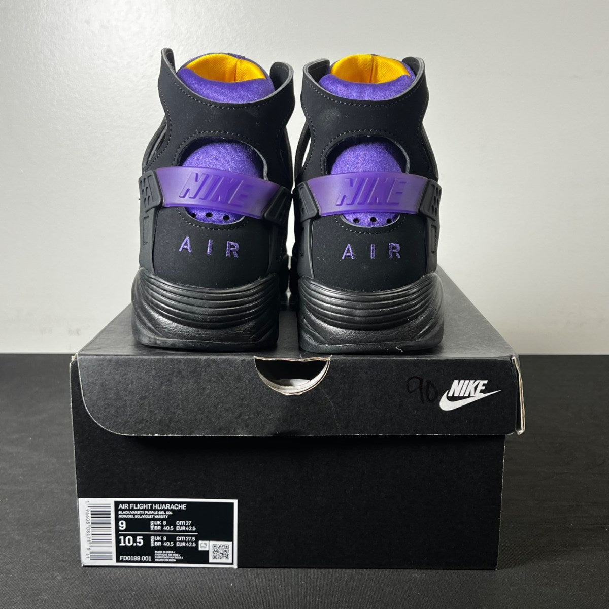 Nike Air Flight Huarache Lakers Away 9 (Lightly Worn Pre-Owned)NikeBlack/Varsity Purple/Del Sol - Image 5
