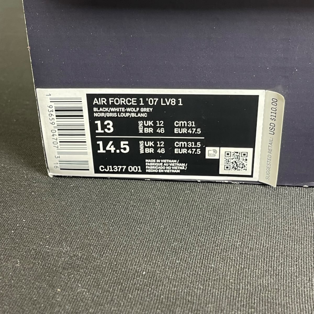 Nike Air Force 1 Low '07 LV8 Black Wolf Grey (Size 13) - aux