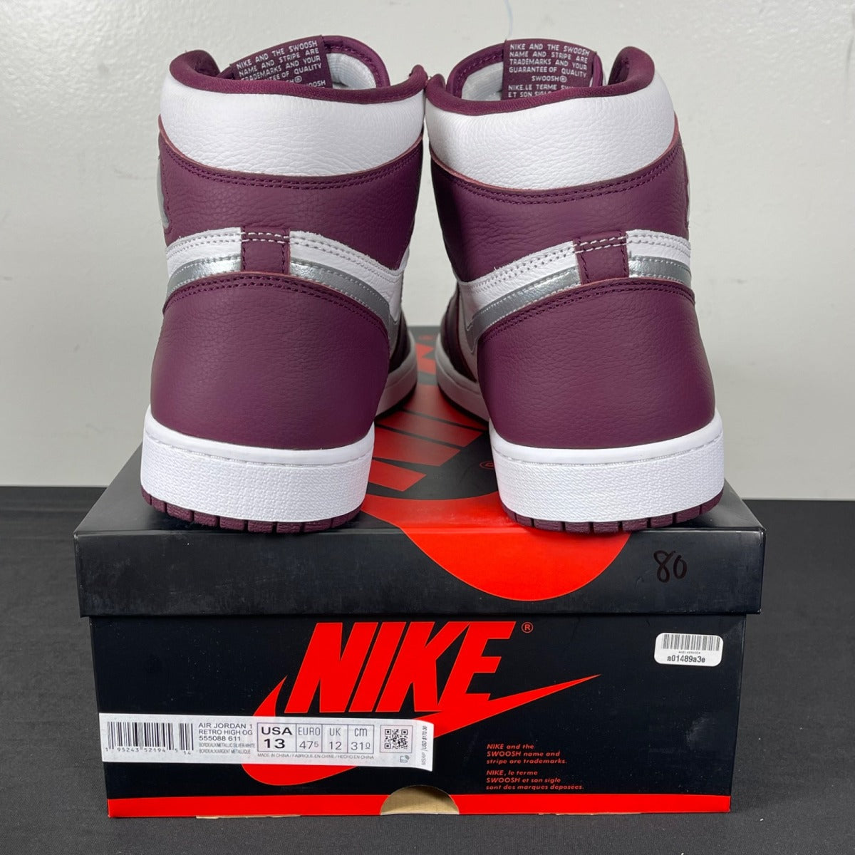 Jordan 1 Retro High OG Bordeaux 13 (Moderately Worn Pre-Owned)JordanBordeaux/White-Metallic Silver - Image 4