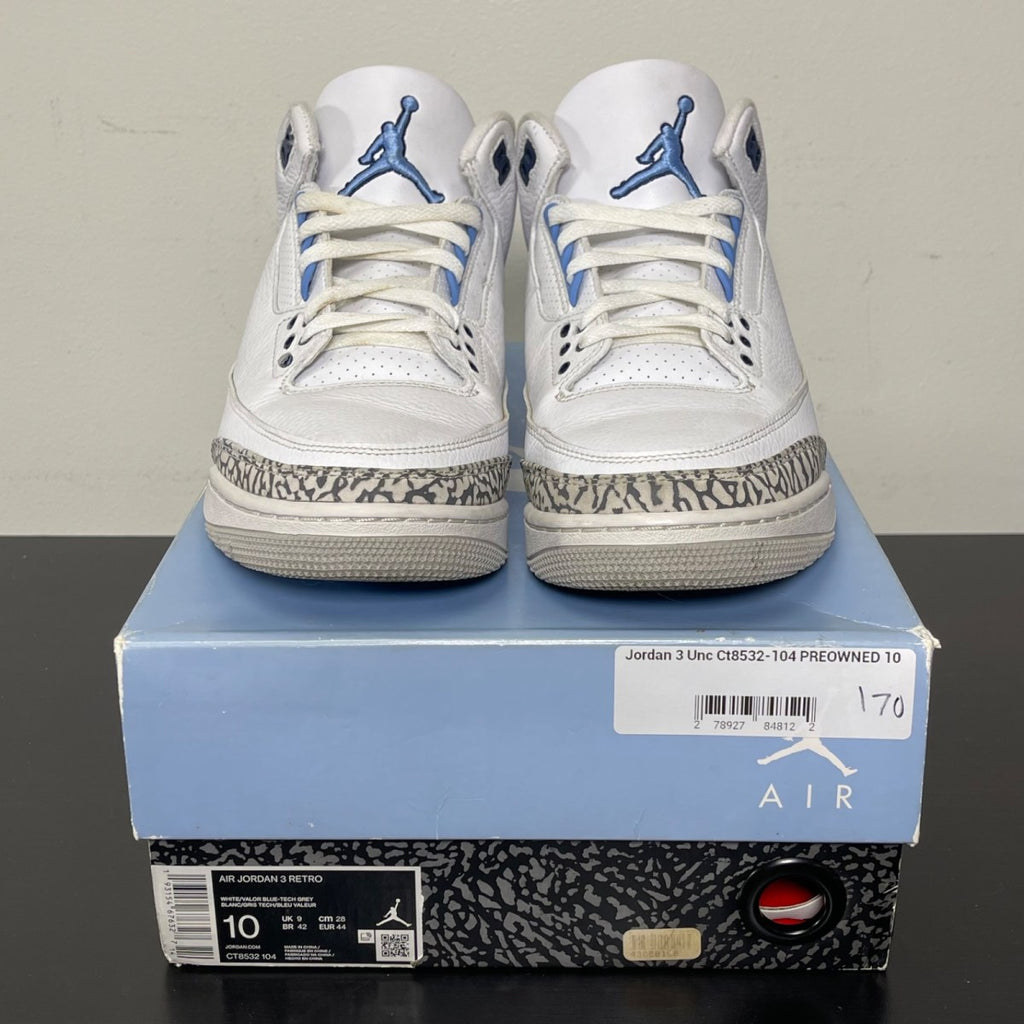 Jordan 3 Retro UNC (2020) 10 (Moderately Worn Pre-Owned)JordanWhite/Valor Blue-Tech Grey - Image 2