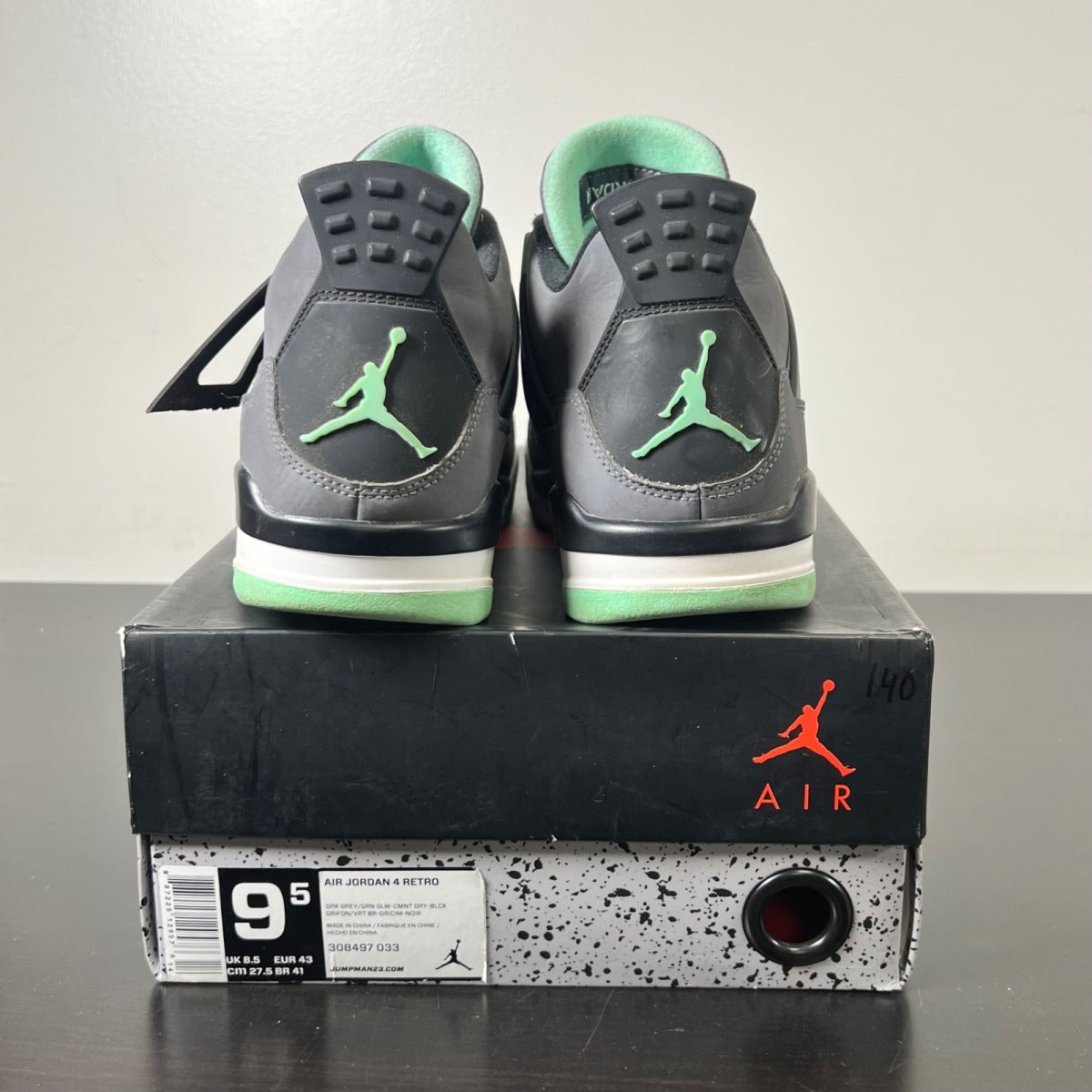 Jordan 4 Retro Green Glow 9.5 (Heavily Worn Pre-Owned)JordanDark Grey/Green Glow-Cement Grey-Black - Image 4