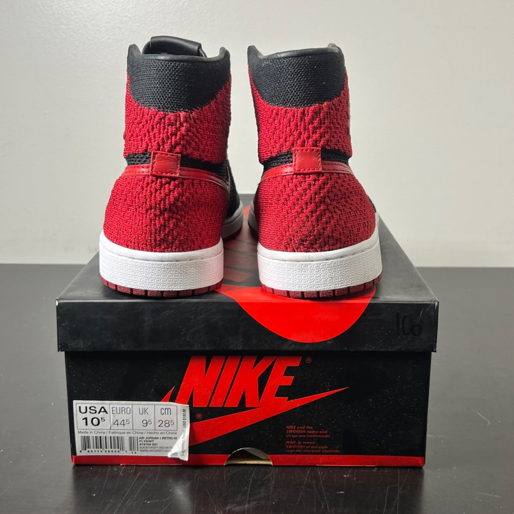 Jordan 1 Retro High Flyknit Bred 10.5 (Lightly Worn Pre-Owned)JordanBlack/Varsity Red-White - Image 4