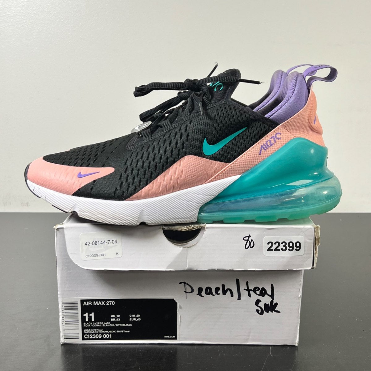 Nike Air Max 270 Have a Nike Day 11 (Moderately Worn Pre-Owned)NikeBlack/Hyper Jade-Bleached Coral-Space Purple - Image 3